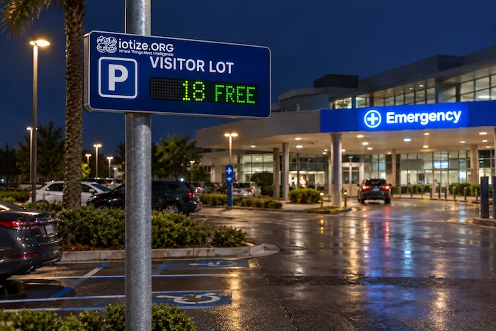 IoTize.ORG smart parking sign showing 18 free spaces in a hospital visitor lot at night, with the Emergency entrance in the background