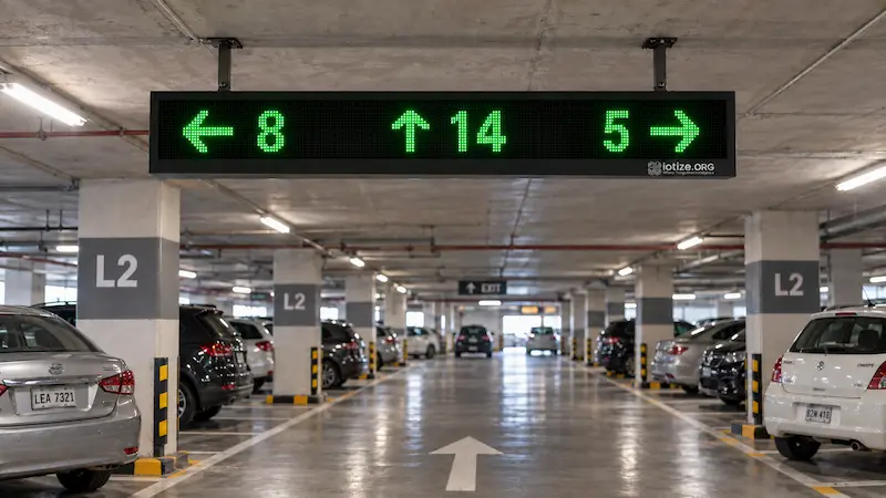 IoTize indoor LED parking guidance sign showing available spaces for left, straight and right directions.