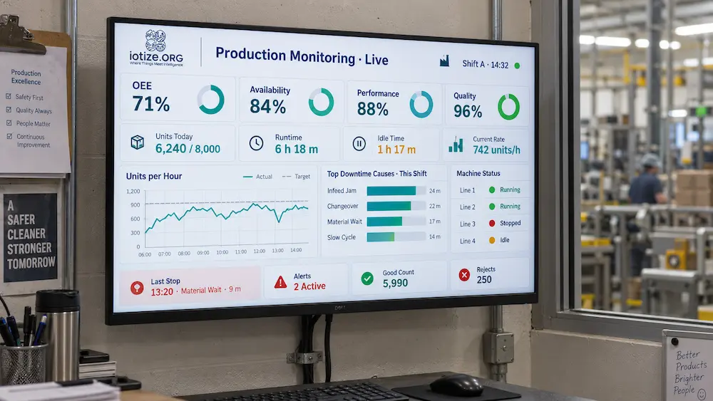 Wall-mounted OEE monitoring dashboard showing live production KPIs in a factory control room