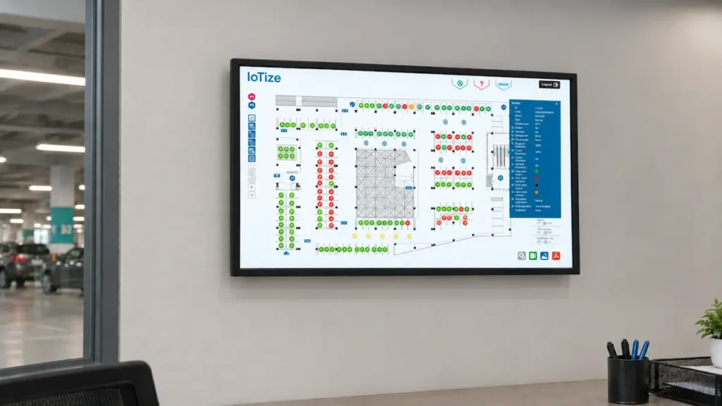 IoTize parking guidance gateway feeding a live occupancy dashboard by level and zone