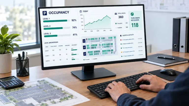 Desktop dashboard screen showing IoTize parking occupancy analytics by level, today's occupancy trend, and turn-aways recovered, with a facility floor plan on the desk beside it