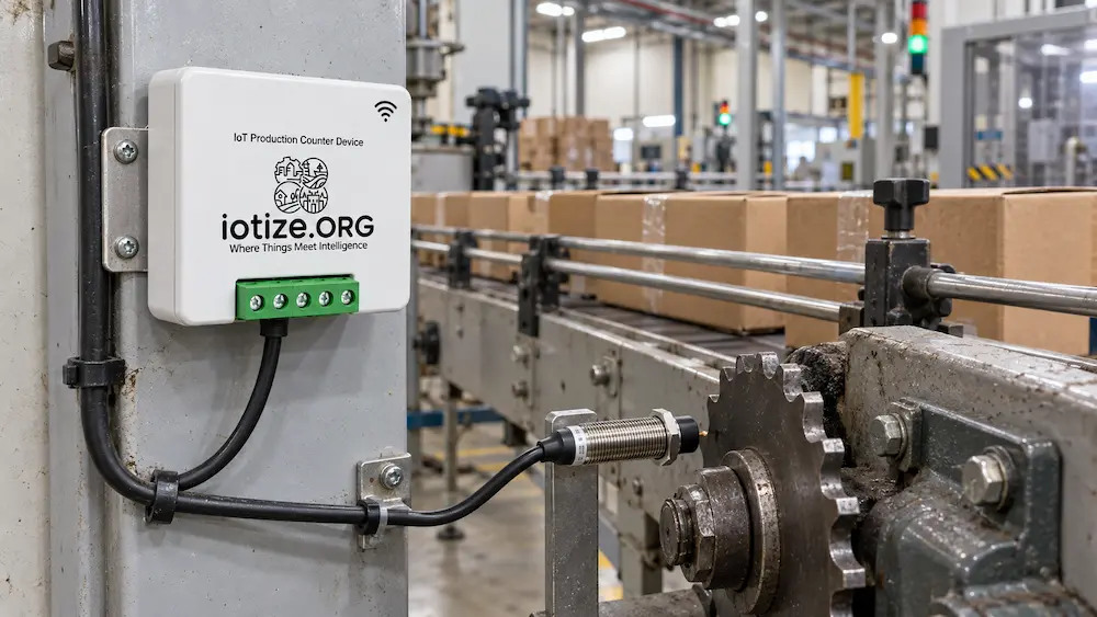 IoTize Affordable IoT Production Counter Device mounted on a packaging line frame for OEE monitoring on a factory shop floor