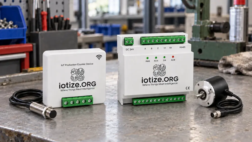 IoTize Affordable and Enterprise IoT Production Counter Devices side by side on a workbench for comparison