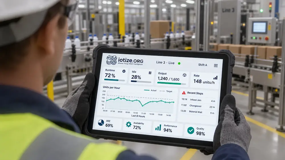 Maintenance technician viewing a per-machine production monitoring drill-down on a rugged tablet on the shop floor