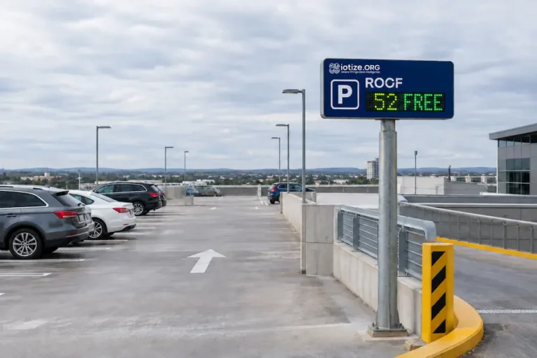 IoTize.ORG smart parking sign on a rooftop parking deck showing 52 free spaces in the ROCF section