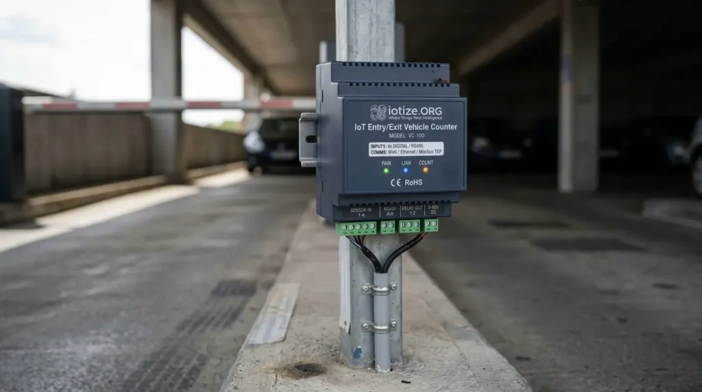 IoTize VC-100 IoT vehicle counter mounted on a parking garage support pillar, wired to an entry/exit loop sensor