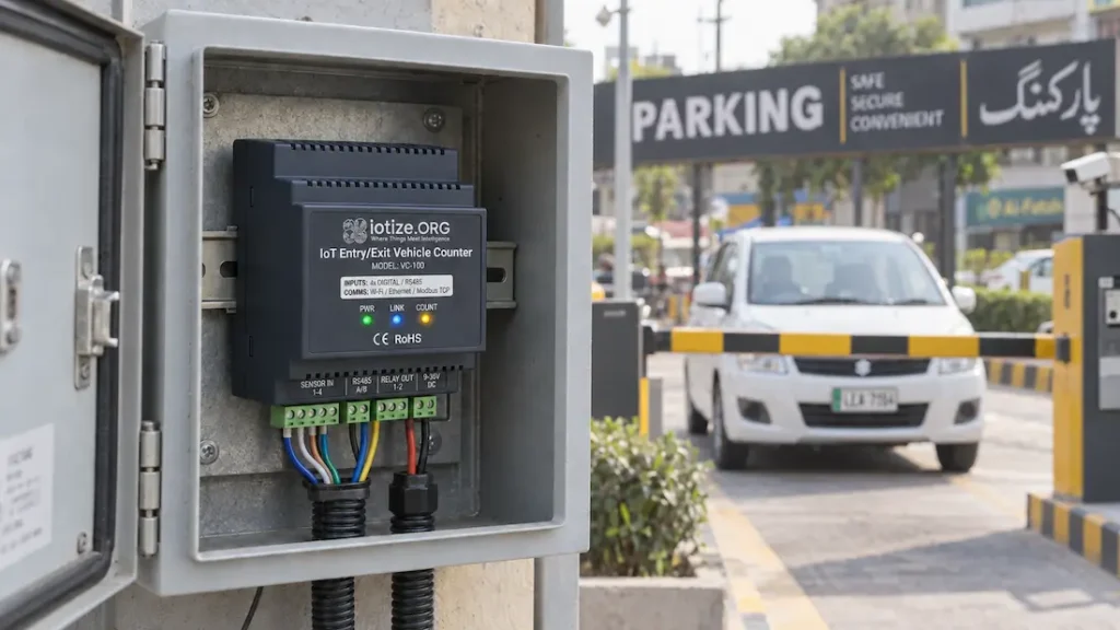 IoTize VC-100 entry and exit vehicle counter installed inside a parking entrance control cabinet.