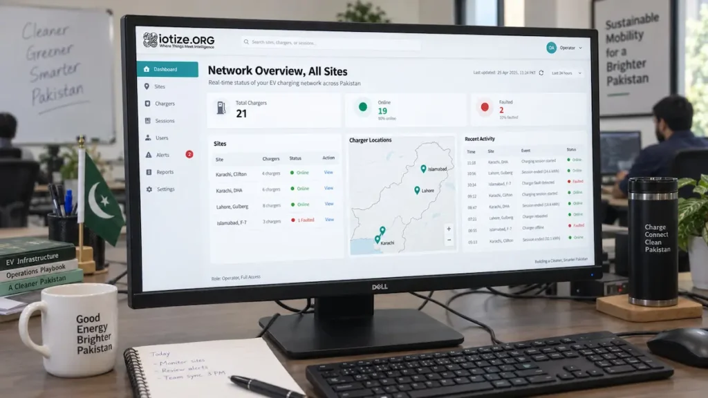 Illustrative IoTize dashboard showing charger status, site locations and recent activity across multiple sites