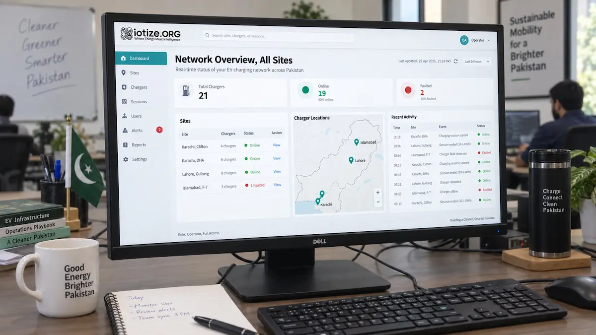 Illustrative IoTize dashboard showing charger status, site locations and recent activity across multiple sites