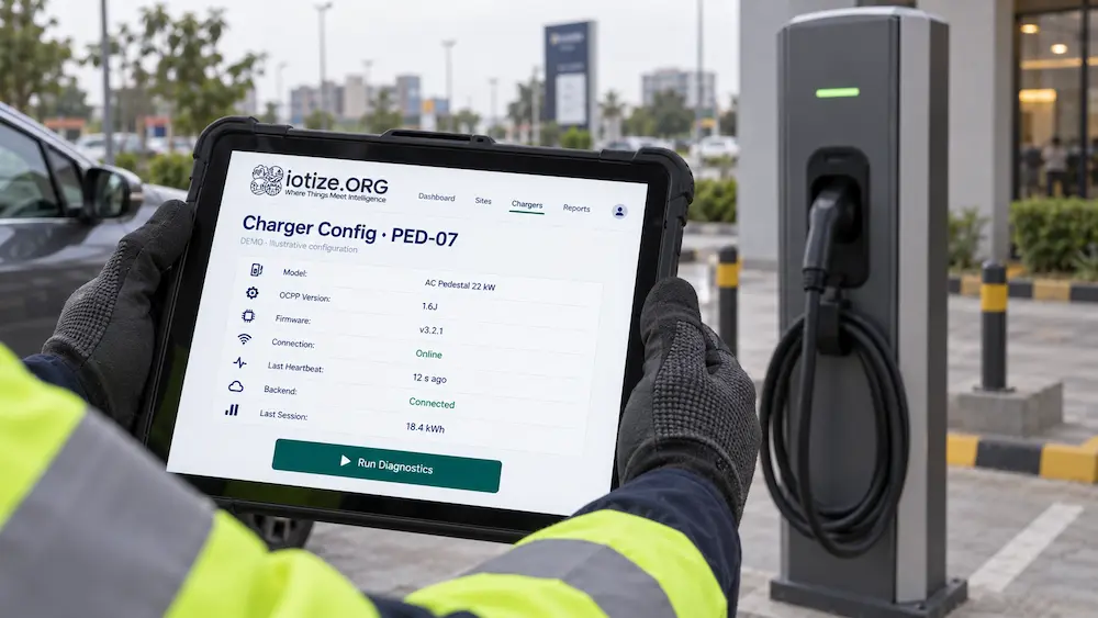 A technician checking a charger’s OCPP version and firmware on a rugged tablet, illustrating OCPP charger commissioning.