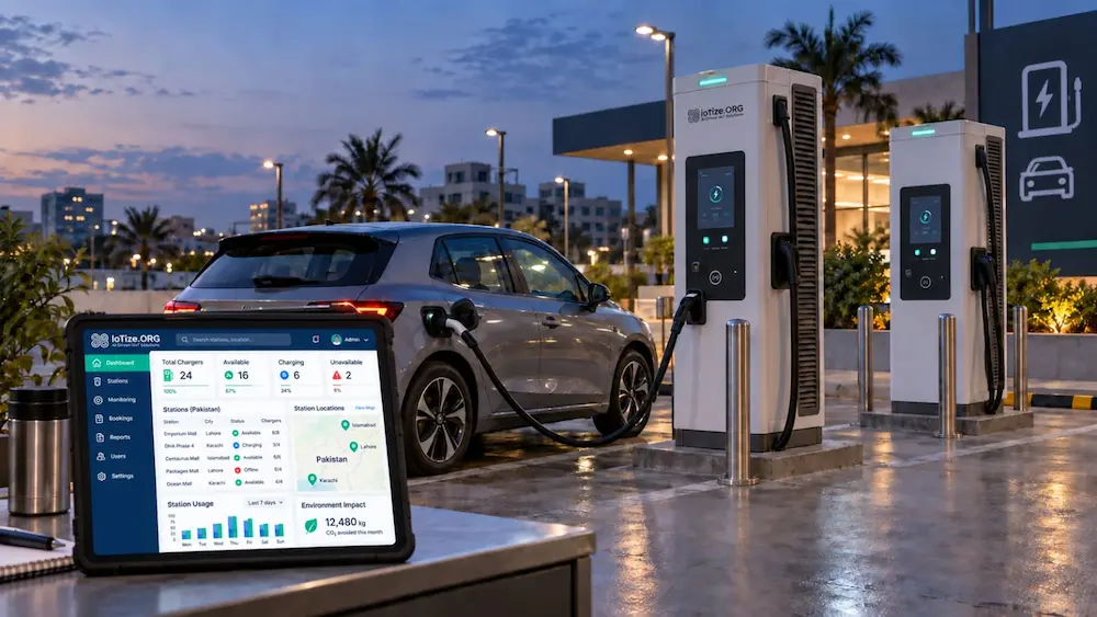 EV charging software dashboard managing OCPP chargers at a Pakistani charging site.