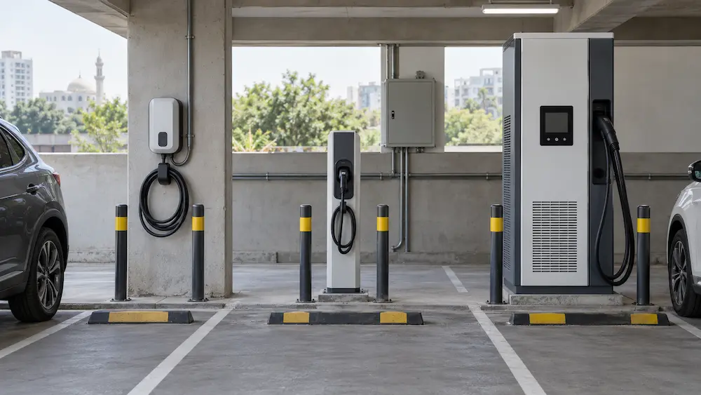 Three different EV charger models at one commercial site, showing how OCPP lets mixed charging hardware run on one management platform.