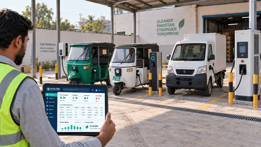 Mixed-vendor EV chargers at a Pakistani fleet depot managed through one IoTize OCPP charging platform.