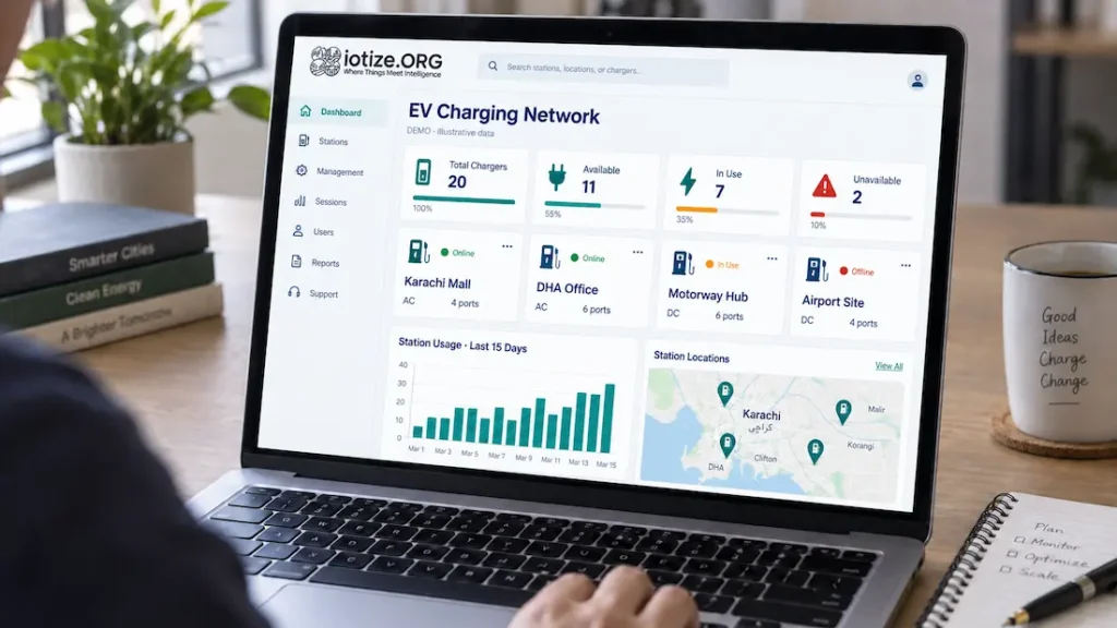An IoTize EV charging dashboard showing charger availability, station status, usage and locations for OCPP-based EVSE management.