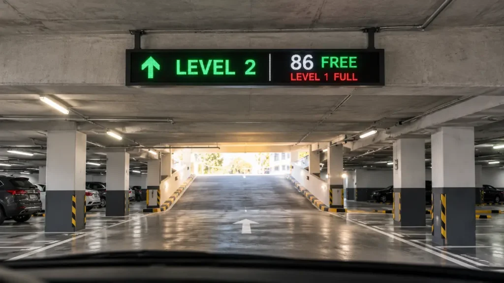 LED parking guidance signage showing available space counts and directional arrows at a garage entrance