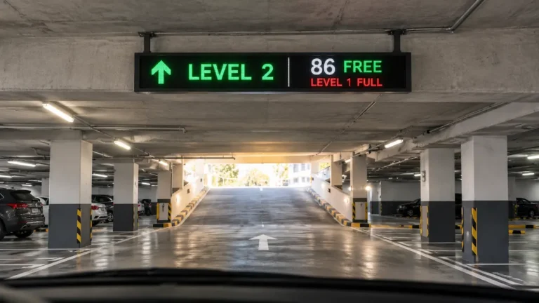 LED parking guidance signage showing available space counts and directional arrows at a garage entrance