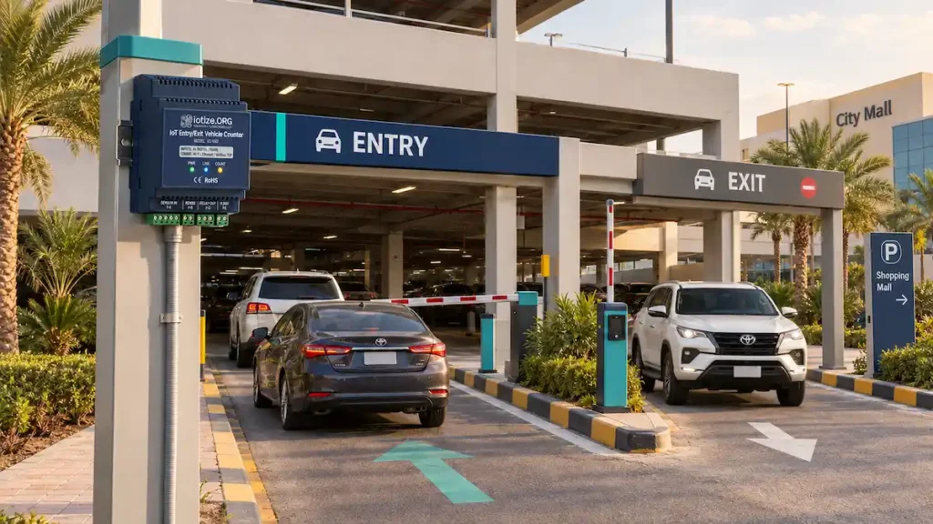 Enclosed commercial parking facility with a controlled entry lane suited to vehicle counting