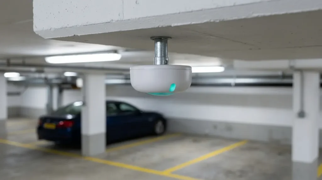 Ceiling-mounted per-space ultrasonic sensor watching a single parking bay in a garage