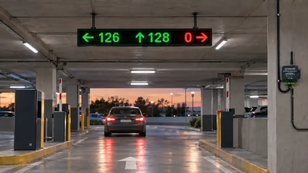 Overhead smart parking sign at a garage entrance showing live space counts of 126, 128, and 0 by aisle direction as a car approaches"