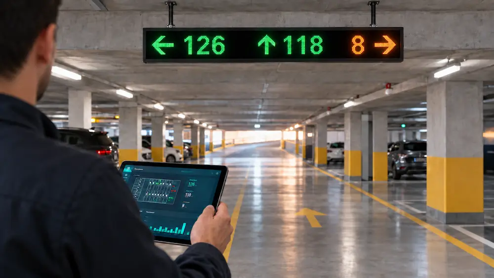 Technician holding a tablet showing real-time parking occupancy data beneath an IoTize smart parking guidance sign displaying available spaces by aisle
