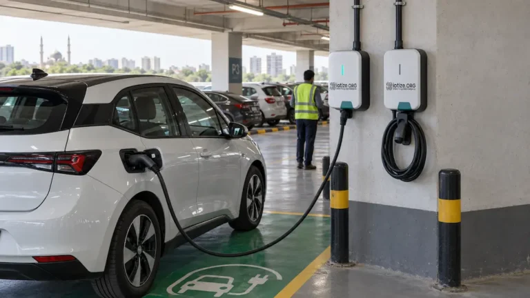 A DC fast charger and an electric car at a modern EV charging station in Pakistan at dusk, illustrating how to start an EV charging business.