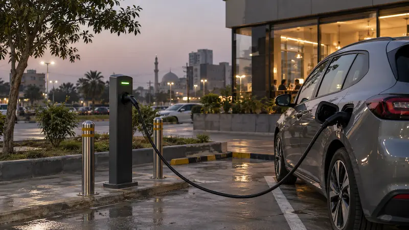 An OCPP-enabled EV charger plugged into a car at a commercial forecourt in Pakistan at dusk, illustrating what OCPP is.