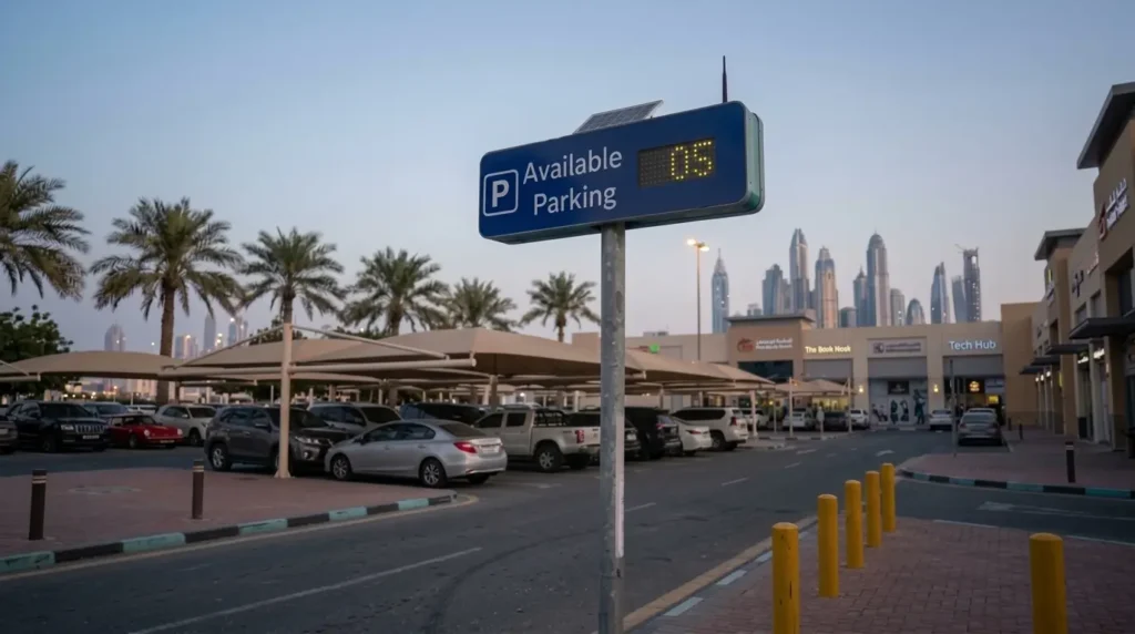 oTize Smart Parking Flip-Dot Guidance Signage directing drivers to available parking outside a covered lot