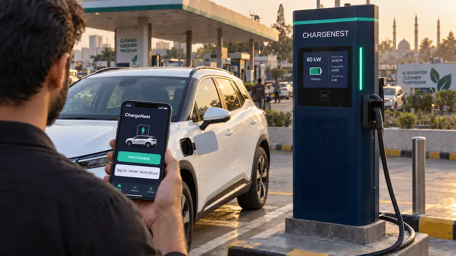 Driver checks the ChargeNest app beside a white electric car and DC fast charger at a Pakistani forecourt.