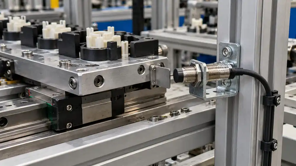 Inductive proximity sensor on an aluminium frame detects a metal flag on an indexing carriage to count parts