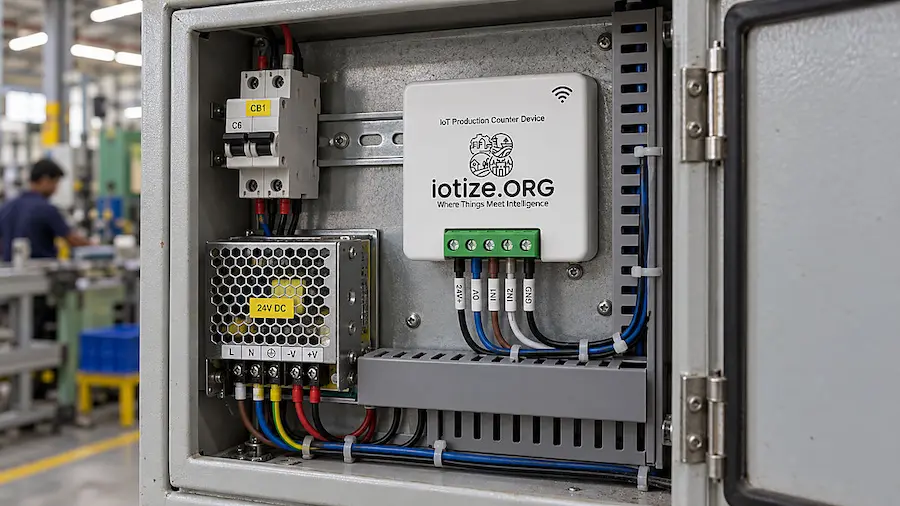 IoTize IoT production counter device wired to a 24V DC power supply and circuit breaker inside a factory control enclosure
