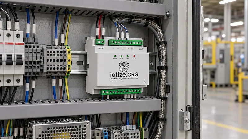 DIN-rail mounted IoTize encoder counter with A, B, Z and RS485 terminals and status LEDs, installed in a factory control panel