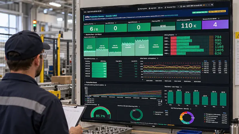 Technician with a clipboard reviews an IoTize production counter dashboard showing machine RPM, units produced and runtime