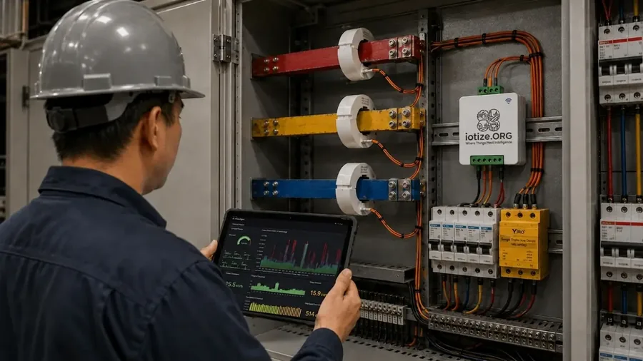 Engineer checking live energy data on a tablet beside a monitored panel
