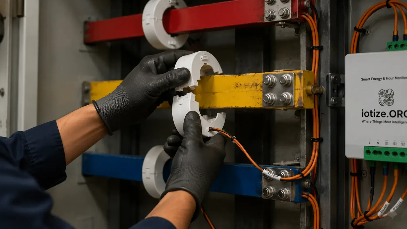 Technician clamping a CT sensor onto a busbar next to an IoTize energy monitor