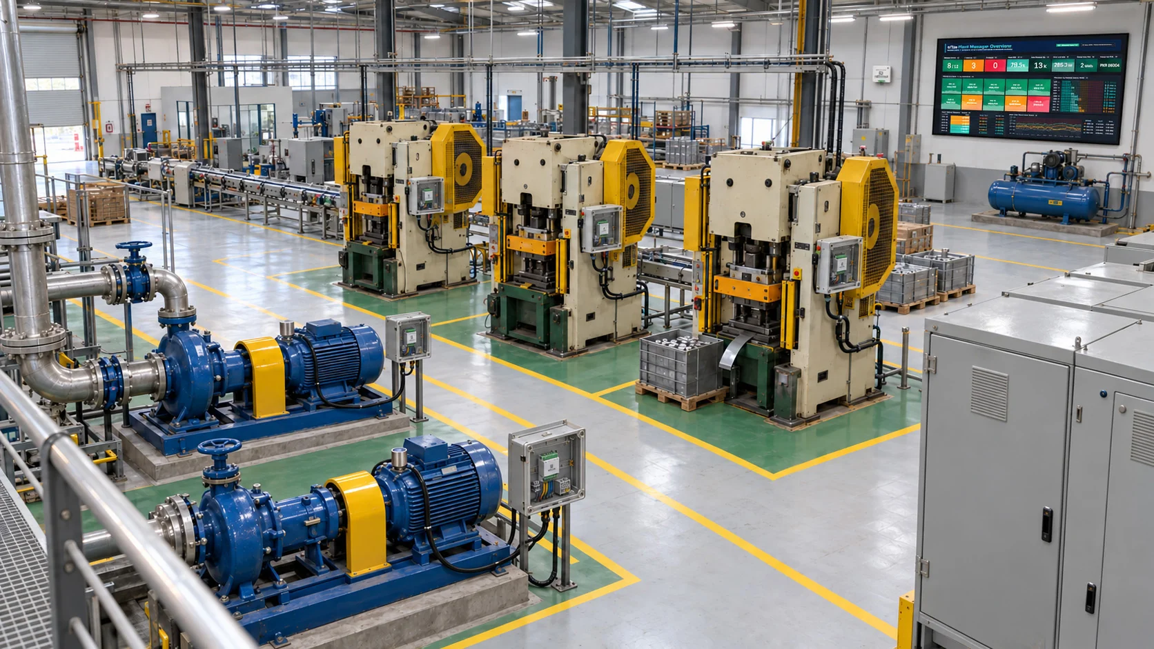 Factory floor with IoTize sensors on pumps, presses and the main panel, streaming to one dashboard