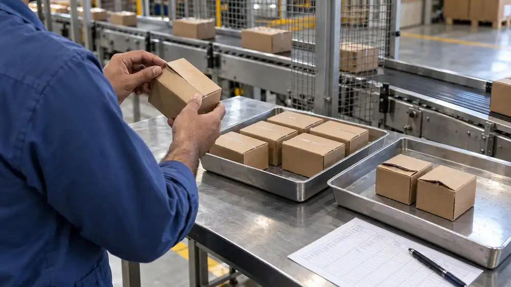 Quality inspector checks a carton, with good boxes and rejected boxes in separate trays for OEE reject counting