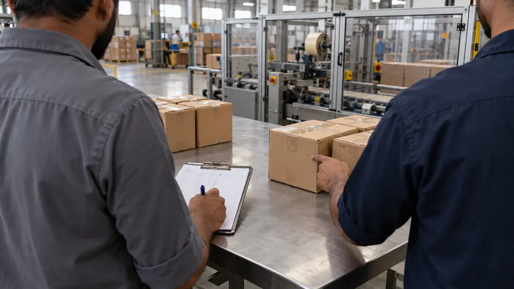 Two supervisors record a production shift handover on a clipboard beside sealed cartons at an automated packaging line