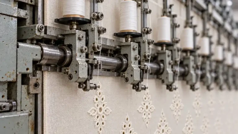 Close-up of Schiffli embroidery machine needle heads with thread spools stitching a floral eyelet pattern on fabric