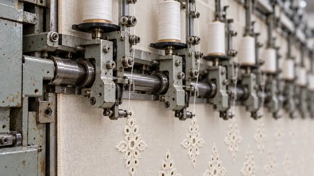 Close-up of Schiffli embroidery machine needle heads with thread spools stitching a floral eyelet pattern on fabric
