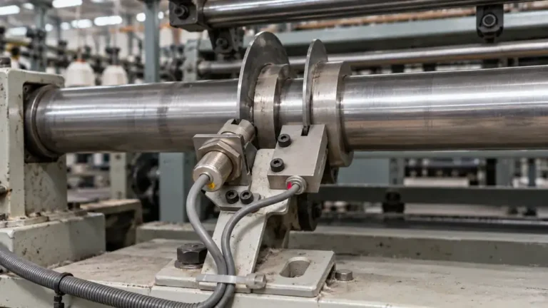 Two proximity sensors mounted on a textile machine main shaft to count rotations for production and OEE tracking