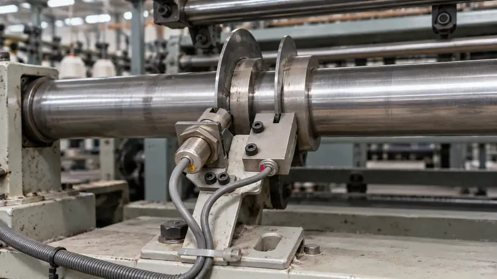 Two proximity sensors mounted on a textile machine main shaft to count rotations for production and OEE tracking